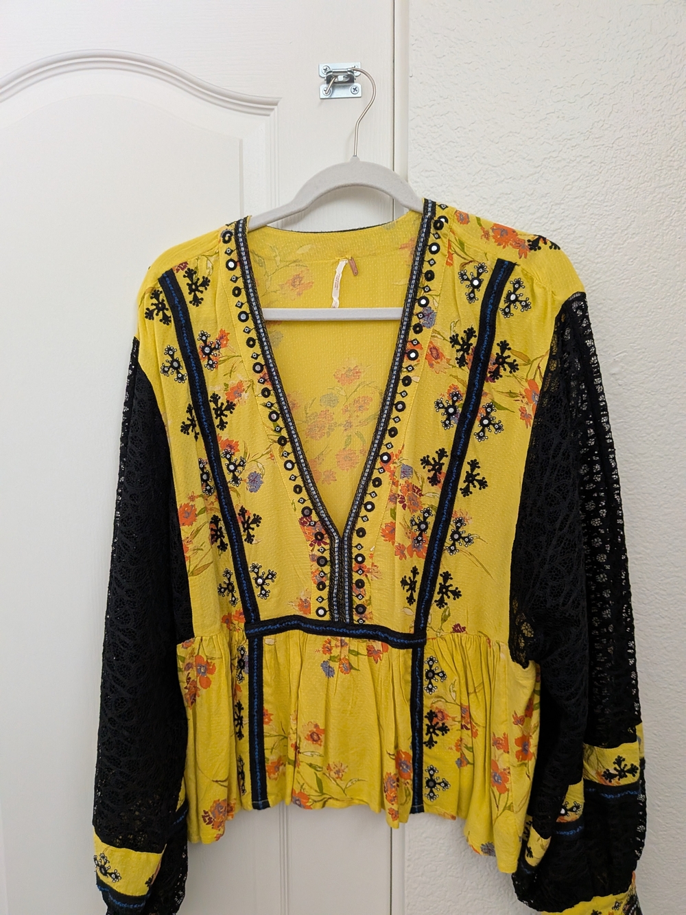 Free People Yellow Floral Peasant Blouse with Black Lace Sleeves
